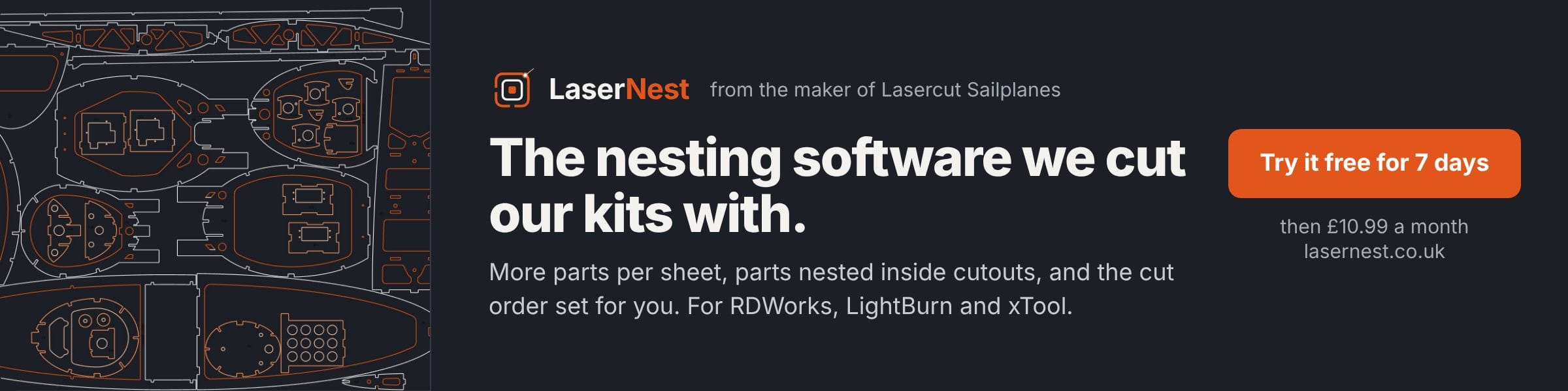 LaserNest, the nesting software we cut our kits with. Try it free for 7 days at lasernest.co.uk